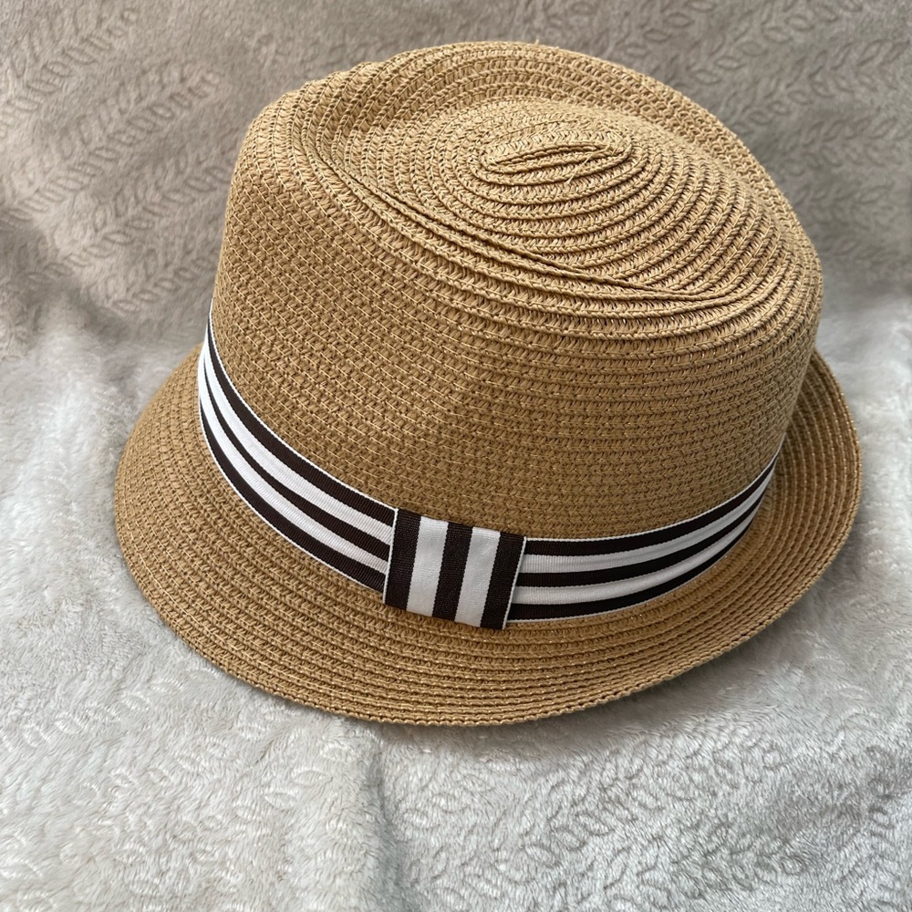 Tan Straw Hat with Striped Band - Picture 3 of 9